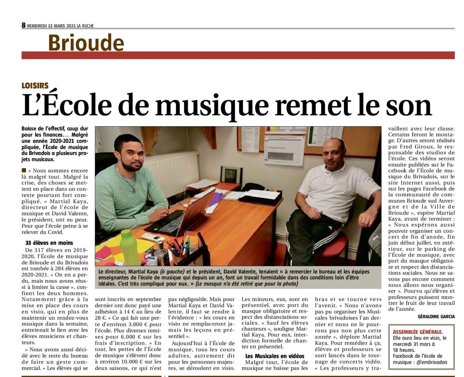 Article de Presse du 12 Mars 2021  Ecole de Musique du Brivadois